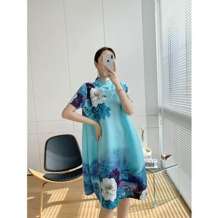 dress-for-women-half-sleeved-peony-flower-cheongsam-collar-retro-precious-pleated-pleated-fashion-dress-autumn-2022-new-dress