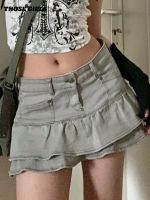 □ Retro Harajuku Punk Y2K Denim Mini Pleated Skirt Ladies Summer High Waist Jeans Skirts Women Ruffles Fashion Gothic Streetwear