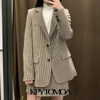 KPYTOMOA Women 2021 Fashion WIth Pockets Houndstooth Blazer Coat Vintage Long Sleeve Back Vents Female Outerwear Veste Femme