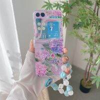 เคสสำหรับ Galaxy Z Flip 5 4 3 ZFlip5สายรัดข้อมือไฮเดรนเยียบานพับโปร่งใสคลุมแข็งกันแรงกระแทกพับได้รวมทุกอย่าง