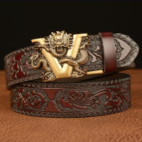 Male Embossing Retro Technology Belts for Men Genuine Leather Belt with V Dragon Pattern Business Mens Automatic Buckle Belt