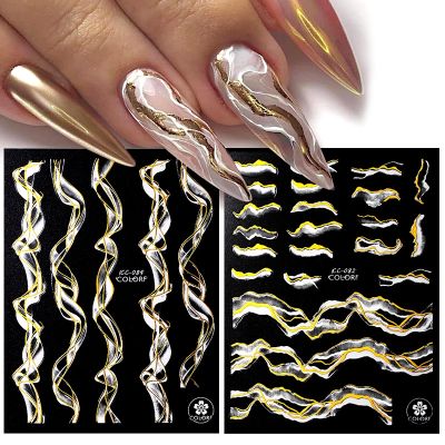 3D Nail Sticker Black Gold Ink Blooming Marble Pattern Nail Decals Stickers Line Letter Flower Leaves Slider Nail Art Decoration