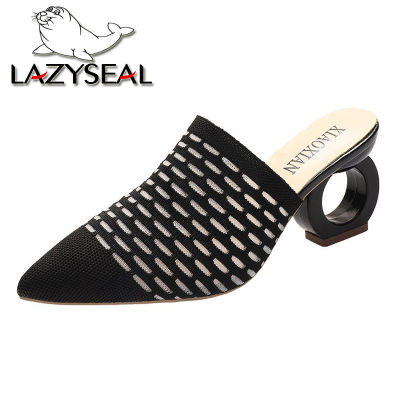 LazySeal 7cm Fretwork Heels Pointed Toe Slippers Women Shoes Stretch Fabric Air Mesh Mules Flip Flop Slip On Slides Plus Size 43