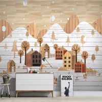 ✽☒✱ Decorative wallpaper series Nordic winter landscape wooden houses wooden wooden house TV background wall painting