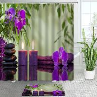 【CW】❣▨☄  Orchid Shower Curtains Mats Set Stone Spa Landscape Non-slip Door