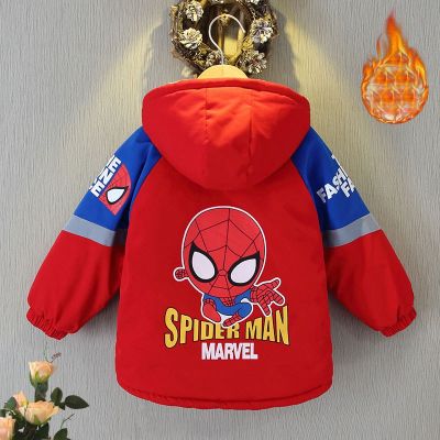 Boys Winter Coat Spiderman Top Girls Plush Outerwear Children Keep Warm Hooded Jackets 2-7 Years Unsex Kids Cute Cartoon Clothes