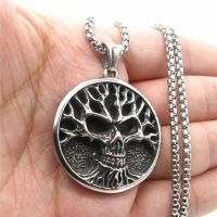 Gothic Tree of Life Skull Round Card Pendant Necklace for Men Hip Hop Punk Jewelry Gift