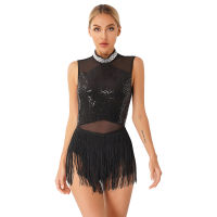 ผู้หญิง glittery เพชรละติน Tango Rumba fringed leotard Dance Dress Splice ตาข่ายแขนกุด Cha Cha samba Performance cos ข้อความ