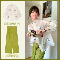 COD DSGERTRYTYIIO High-End Womens Summer Embroidered White Shirt Green Wide-Leg Pants Suit