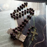 【CW】❣♟  Cottvott Wine Beaded Chain Color Exorcism Crucifix Our Medal Rosary Necklace Pray Jewelry