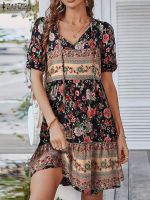 jkk Short Sleeve Floral Printed BeachDress Knee-length Vestidos ZANZEA 2023 Sundress Robe