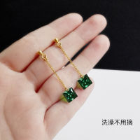 [Non fading and non allergic] Titanium steel green square zircon cut square earrings Long earrings Girlfriend Earline 9CM4 9CM4