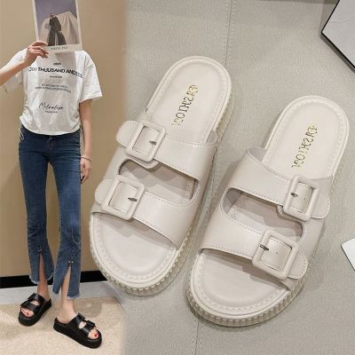 Ankle-Strap Buckle Platform Slippers Female 2023 Summer Foreign Trade Platform Flat-Heeled Muffin Outerwear Beach Slippers Female