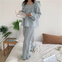 Pajama Set Plaid Homewear Two Piece Set Women Sleepwear Long Sleeve Tops Pants Pyjama Loose Korean Ladies Home Suit Ruffles