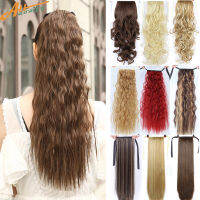 Allaosify 22Long เนียนตรง tails คลิปในสังเคราะห์หางม้าทนความร้อนต่อผมปลอมห่อกลม Hairpiecer