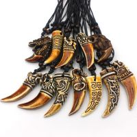 Mixed 12pcs Retro Faux Yak Bone Dragon Totem Lion/Elephant/Wolf Teeth Pendant Necklace Animal Tooth Charm Amulet Gift MN598