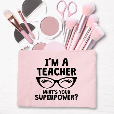 【CC】 I Am A Teacher Canvas Pink Cases Makeup Organizers Back To School Teacher  39;s Toiletry