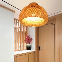 Bamboo Wicker Rattan Light Fixture Flush Mount Hanging Ceiling Lamp for Living Room Bedroom Dining Room