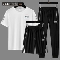 JEEP SPIRIT แขนสั้นของชุดกีฬาบุรุษเสื้อยืดผู้ชายแขนลำลองขาสั้นกางเกงขาสั้นผ้าไหมน้ำแข็งชุดสามชิ้น