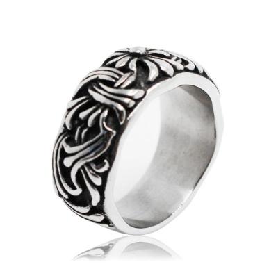แหวนลายขวางดอกไม้ลายถักแบบย้อนยุคสำหรับผู้ชายแหวนใส่นิ้วดัชนีเงินแบบเหล็กไทเทเนียม