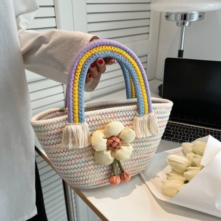 กระเป๋าถือกระเป๋าสานประดับดอกไม้สีสันสดใสcc922