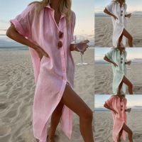 Lapel ปุ่ม Long Beach Dresses ฤดูร้อนผู้หญิงผ้าฝ้ายแขนสั้น Turn Down Collar Plus ขนาดเสื้อ Cover Ups หญิง Robe