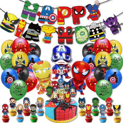 Super Hero Birthday Party ตกแต่ง The Avengers บอลลูน Spiderman Iron Man Hulk Party Supplies ฉากหลังแบนเนอร์บนโต๊ะอาหาร-iewo9238