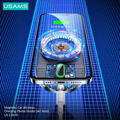 ชุดติดตั้งที่ชาร์จไร้สายสำหรับใช้ในรถแม่เหล็ก USAMS ที่จับโทรศัพท์มือถือเครื่องชาร์จในรถยนต์ชาร์จเร็ว15W สำหรับ Iphone 13 12 11 Pro Max
