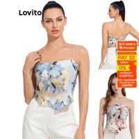 COD SDGREYRTYT Lovito Boho Butterfly Backless Lace Up Floral Smooth Tank Tops For Women L18X416 (Blue/Pink)