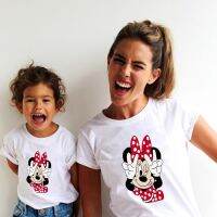 HOT★ใหม่แม่เด็กเสื้อ Funny Minnie เมาส์ Family Matching Outfits ฤดูร้อนแขนสั้นสีขาวแม่ลูกสาวการจับคู่เสื้อผ้า