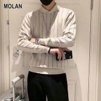 MOLAN เสื้อสเวตเตอร์คอปกของผู้ชายฤดูใบไม้ร่วงและฤดูหนาวเสื้อแจ็คเก็ตลายทางถักคอวีแบบใหม่