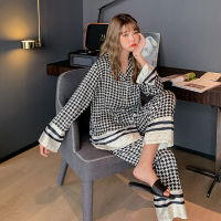 QSROCIO Silk Like Houndstooth Womens Pajamas Set Fashion Style Female Couple Sleepwear Home Clothes for Men Nightwear Pyjama