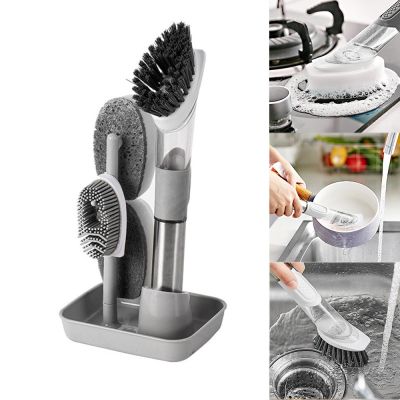 【hot】 Cleaning Handle Dishwashing Removable Sponge Dispenser 3 In 1 Gadgets