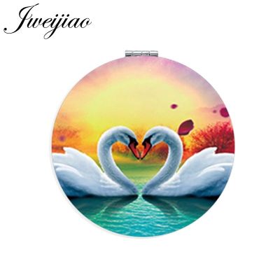 JWEIJIAO Swan For LOVERS Pocket Mirror Round Mini Folding Compact Portable 1X/2X Magnifying Makeup Mirror PU Leather Mirrors
