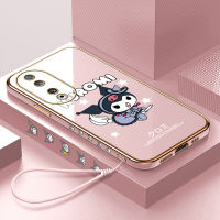 เคสสำหรับ Honor โทรศัพท์90 5G 90 Lite 5G ฟรีสายคล้องลายการ์ตูน Kuromi สาวน่ารักรูปขอบสี่เหลี่ยมปลอกชุบเคสโทรศัพท์หรูหราชุบเคสโทรศัพท์นิ่ม