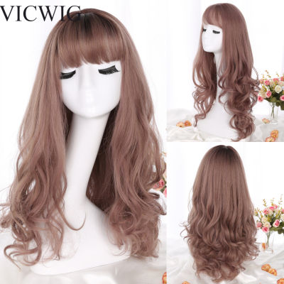 VICWIG Womens Long Wavy Hair Synthetic Wig With Bangs Brown Black Gray 10 Colors Stock for Party Daily Headwear Heat Resistant