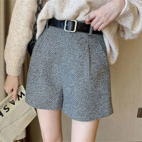 Autumn Winter Korean Fashion High Waist Wide Leg Woolen Shorts Women Black Warm A-line Shorts Femme With Bet Pocket Short Pant