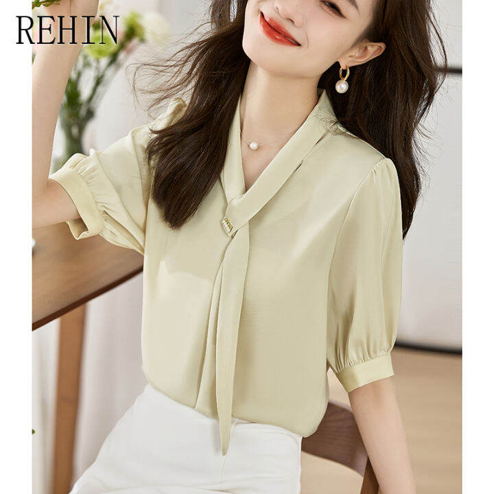 rehin-เสื้อแฟชั่นสไตล์เกาหลีแบบใหม่คอวีสำหรับผู้หญิง-สีทึบลำลองคอวีผูกโบว์ใส่ได้หลายโอกาสเสื้อเชิ้ตแขนสั้น