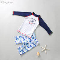 2-9 Years Boys Two Pieces Swimwear Blue White Sharks Baby Swimsuit with Swim Cap Kids Long Sleeve Rash Guard Child Surfing Suit