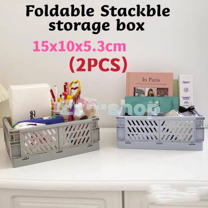 2PCS)Foldable Stackable Storage Box Basket Bin Plastic Container Organizer  with Handle Car Trunk(15X10X5.3)