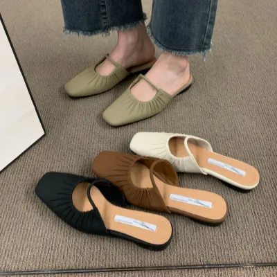 รองเท้าแตะสีเงินผู้หญิงสไตล์ฝรั่งเศสย้อนยุครองเท้าแมรี่เจน 2023 ฤดูร้อนใหม่ Baotou Muller กึ่งลากใส่ด้านนอก