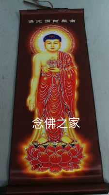 （HOT) พื้นหลังสีน้ำตาลเดี่ยว Nanwu Amitabha Buddha รูปปั้นพระพุทธรูปสีแดงฝังเพชรม้วนผ้าไหมแขวนภาพวาดติดเพชร