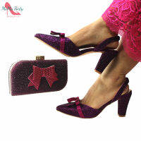 High Quality Magenta Color Nigerian Women Shoes and Bag to Match Super High Heels with Shinning Crystal for Wedding Party