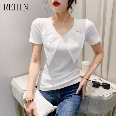 REHIN เสื้อผู้หญิงคอวีรู้สึกการออกแบบแฟชั่นใหม่,เสื้อผ้าฝ้ายลำลองติดโบว์ฤดูร้อนเสื้อยืดแขนสั้น