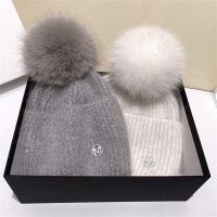 【YD】 New In Hat Real Fur Poms Outdoor Warm Skullies Beanie  for Knitted Thick Cap