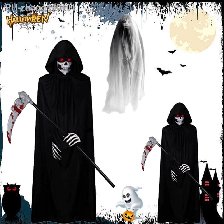 Scary Halloween Ghost Reaper Costume Hooded Cape Skull Mask Gloves ...