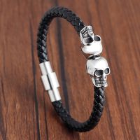 【YP】 steel mens bracelet with leather ghost braided L19152 titanium skeleton