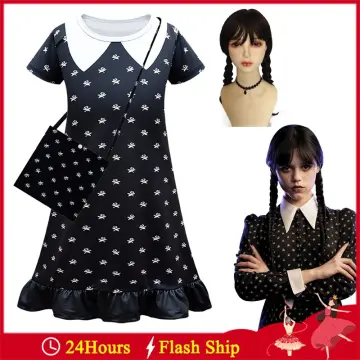 Wednesday Addams Costume for Adult Women Kids Girls Long Sleeve Peter Pan  Collar Black Dress Halloween Night Costume
