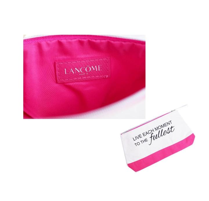 lancome-pouch-live-each-moment-to-the-fullest-white-amp-pink-กระเป๋าใส่เครื่องสำอางผ้าดิบสีขาวชมพู-ผลิตจากผ้าคุณภาพดี