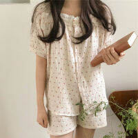 Summer New Pure Cotton Cherry Print Lace Edge Comfortable Short Sleeve Shorts Loose Home Clothes Loungewear Sleep Tops